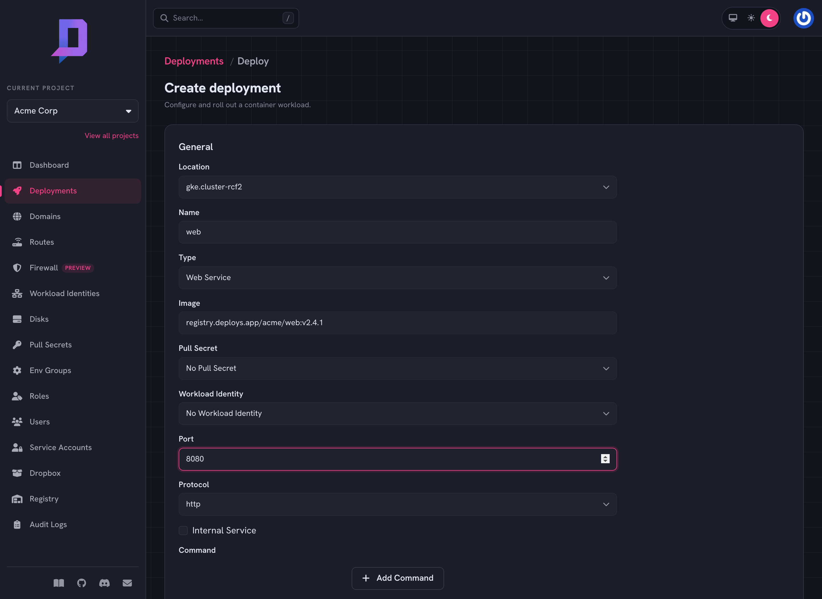 Deployment form in the console