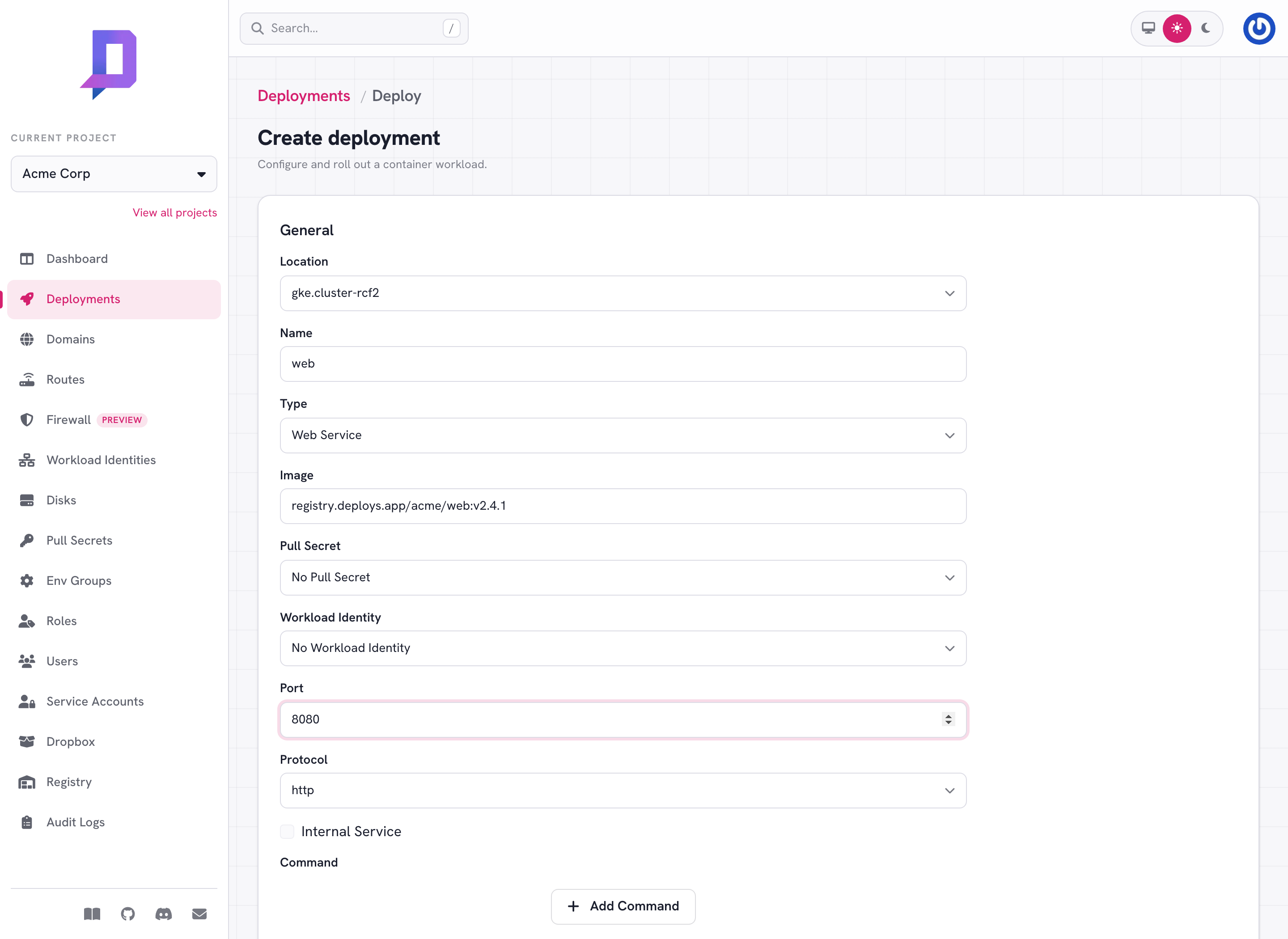 Deployment form in the console