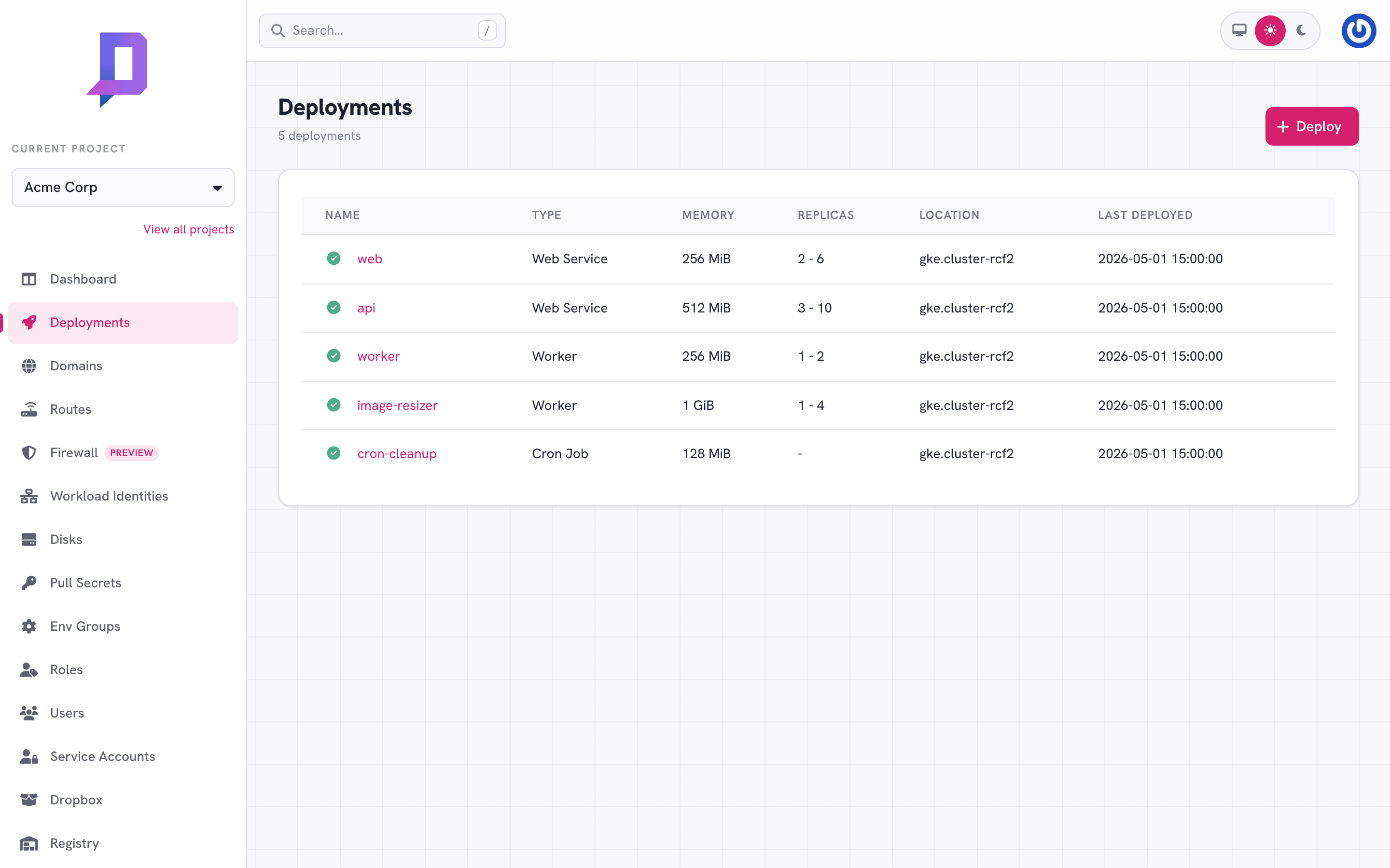Deployment list showing a healthy web service