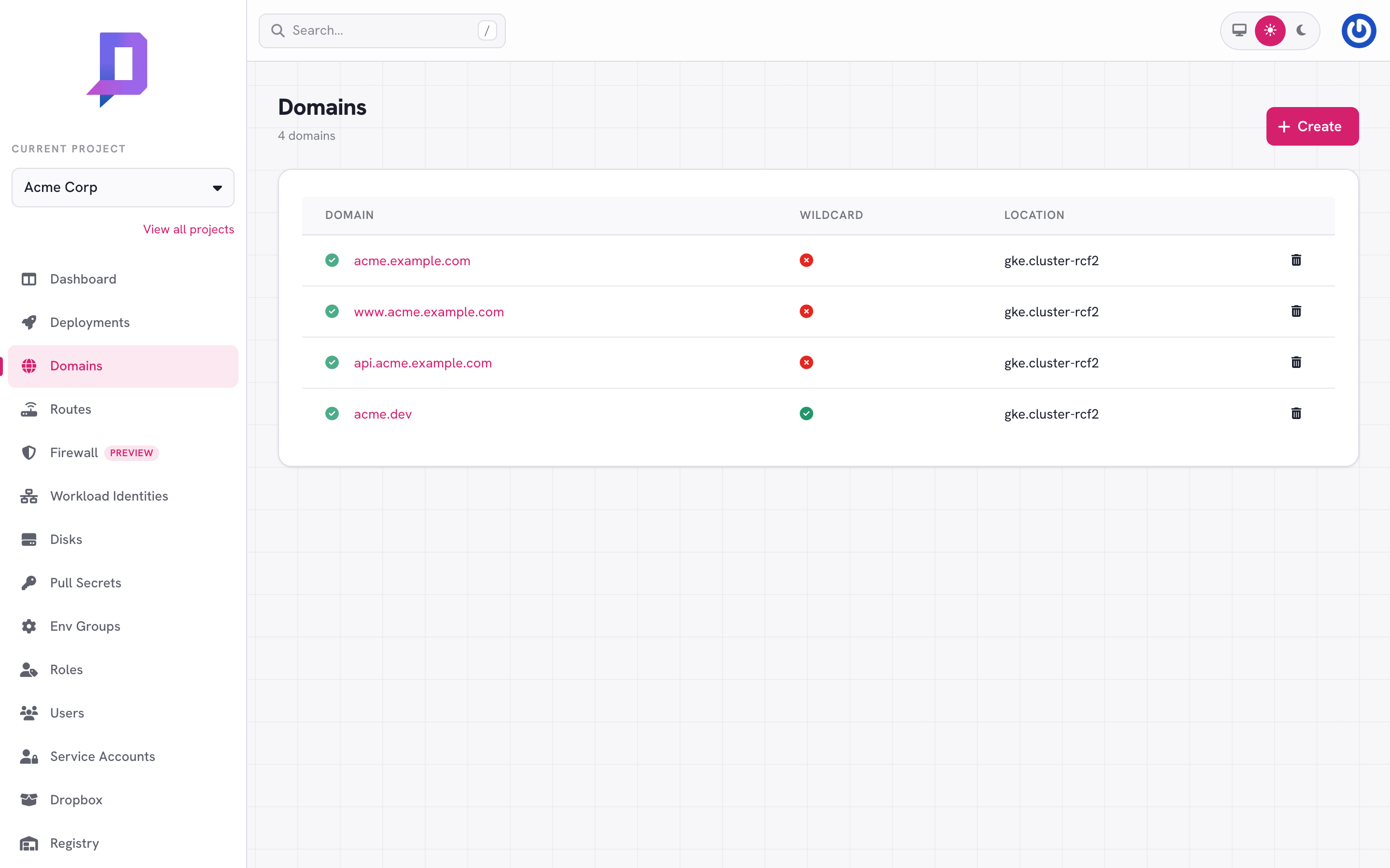 Domain list: apex, www, api, and a wildcard