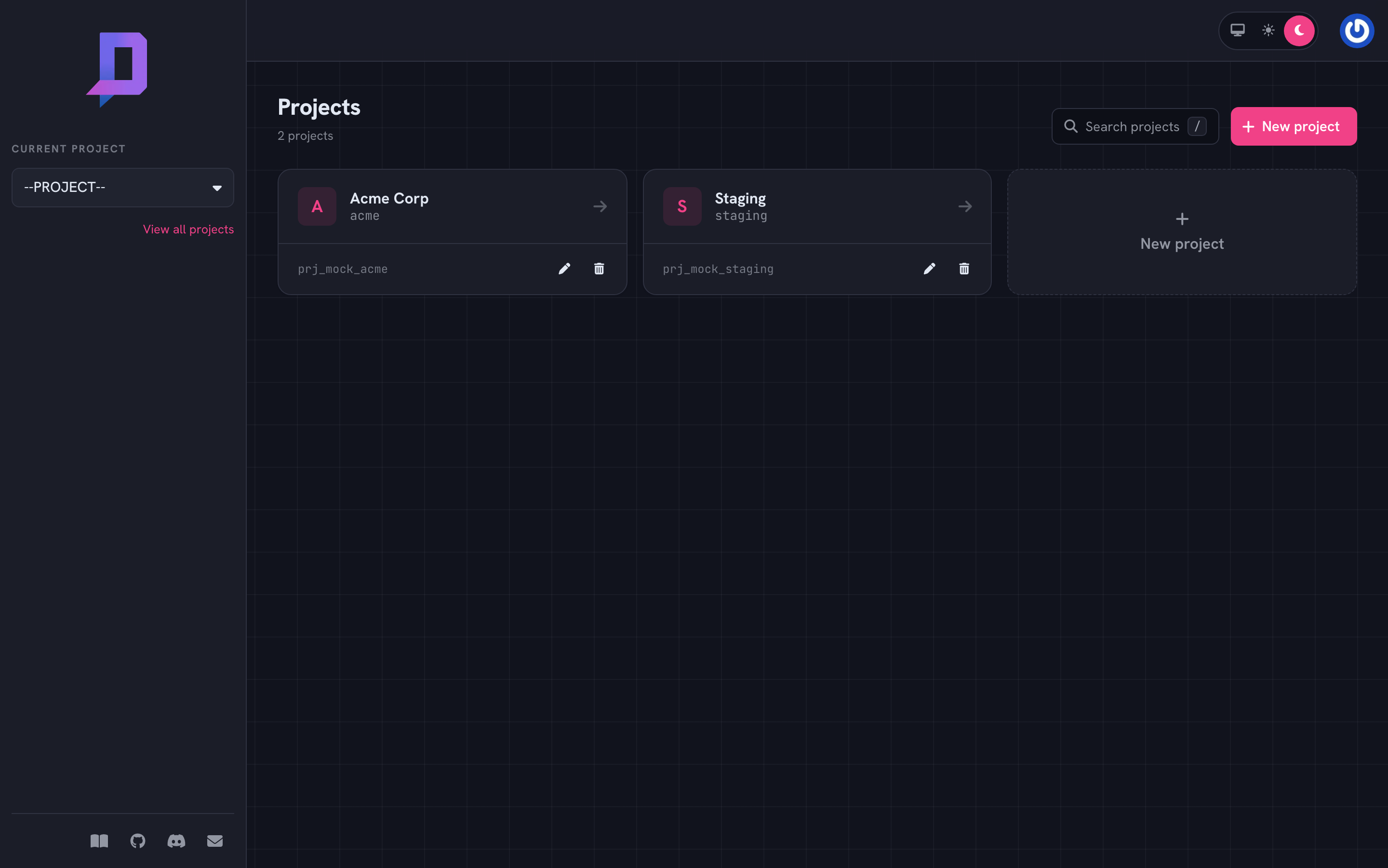 Project list in the console