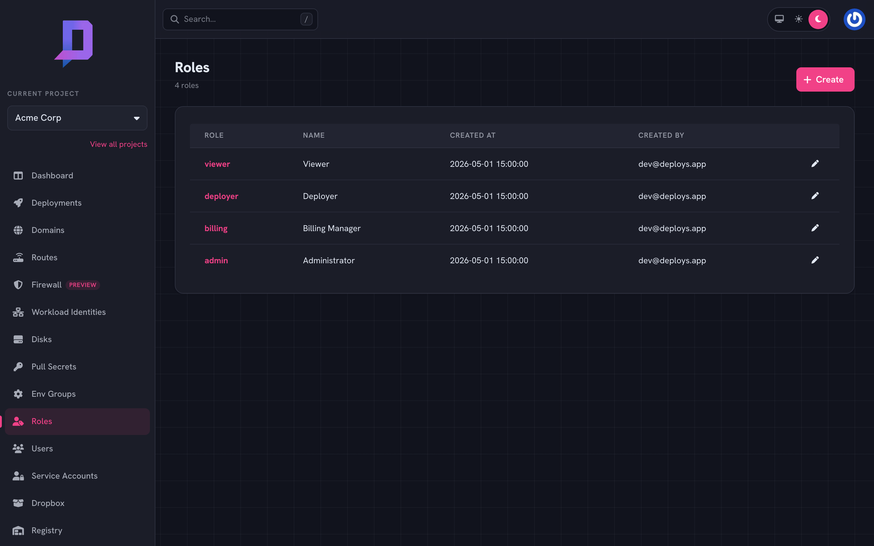 Role list with Viewer, Deployer, Billing Manager, and Administrator